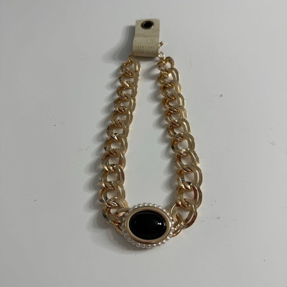 Anthropologie Gold Chain Necklace with Black Center Stone